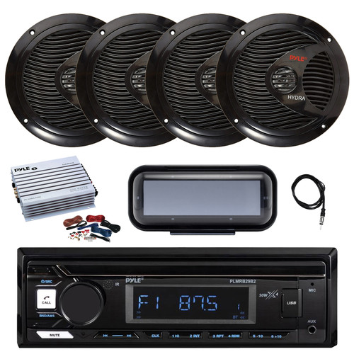 Pyle PLMRB29B2 Single DIN Marine Bluetooth MP3 Player Stereo Receiver, Cover, 4x 6.5" 150 Watt Max Full Range Dual Cone Waterproof Stereo Speakers, Amplifier w/Kit, Radio Antenna