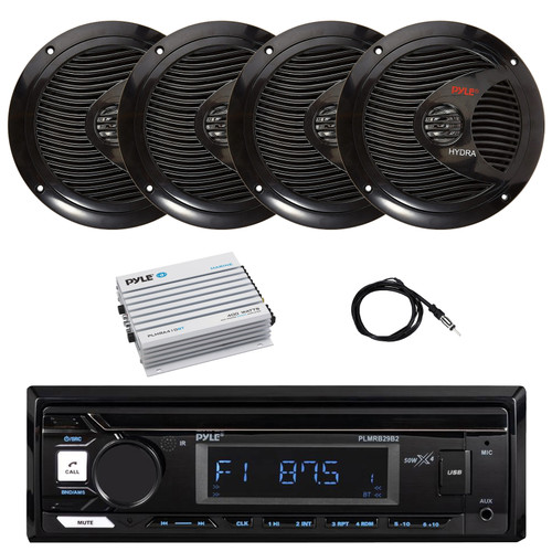 Pyle PLMRB29B2 Single DIN Marine Bluetooth MP3 Player Stereo Receiver, 4x 6.5" 150 Watt Max Full Range Dual Cone Waterproof Stereo Speakers, Bluetooth Amplifier, Antenna
