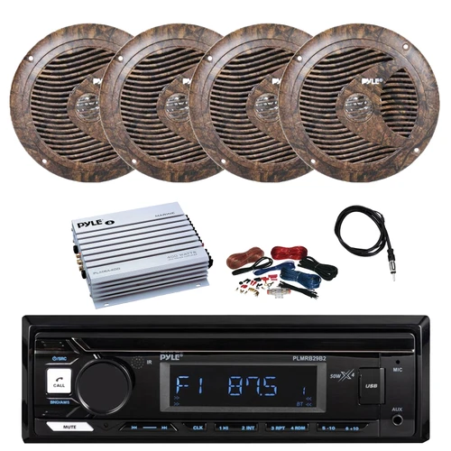 Pyle PLMRB29B2 Single DIN Marine Bluetooth MP3 Player Stereo Receiver, 4x 6.5'' 150 Watt Peak Power Full Range Waterproof Speakers (Camouflage), Amplifier w/Kit, Radio Antenna