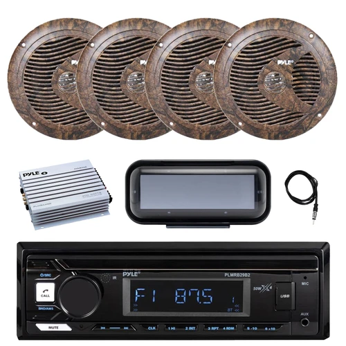 Pyle PLMRB29B2 Single DIN Marine Bluetooth MP3 Player Stereo Receiver, Cover, 4x 6.5'' 150 Watt Peak Power Full Range Waterproof Speakers (Camouflage), Amplifier, Radio Antenna