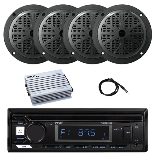 Pyle PLMRB29B2 Single DIN Marine Bluetooth MP3 Player Stereo Receiver, 4x 6.5'' 120 Watt Max Power Dual Cone Marine Audio Speakers, 4-Channel Amplifier, Radio Antenna
