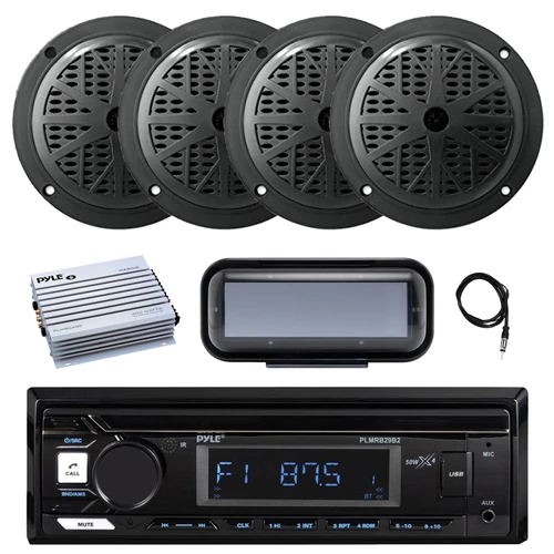 Pyle PLMRB29B2 Single DIN Marine Bluetooth MP3 Player Stereo Receiver, Cover, 4x 6.5'' 120 Watt Max Power Dual Cone Marine Audio Speakers, Amplifier, Radio Antenna