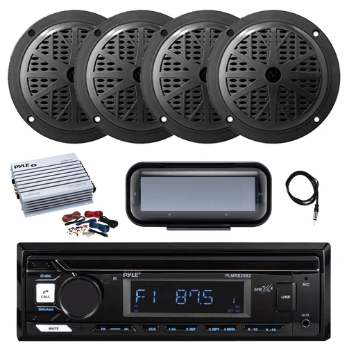 Pyle PLMRB29B2 Single DIN Marine Bluetooth MP3 Player Stereo Receiver, Cover, 4x 6.5'' 120 Watt Max Power Dual Cone Marine Audio Speakers, Amplifier w/Kit, Radio Antenna