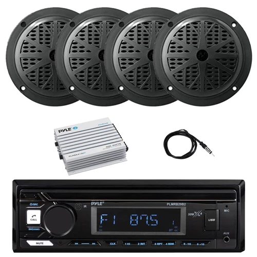Pyle PLMRB29B2 Single DIN Marine Bluetooth MP3 Player Stereo Receiver, 4x 6.5'' 120 Watt Max Power Dual Cone Marine Audio Speakers, Bluetooth Amplifier, Antenna