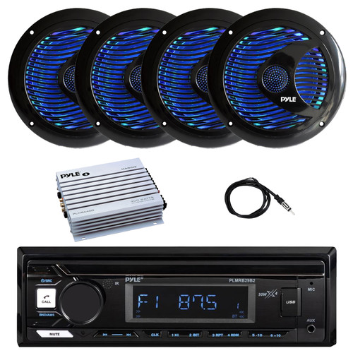 Pyle PLMRB29B2 Single DIN Marine Bluetooth MP3 Player Stereo Receiver, 4x 6.5'' 150 Watt Max Dual Cone Multicolor LED Outdoor Audio Speakers, 4-Channel Amplifier, Radio Antenna