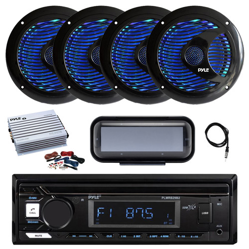 Pyle PLMRB29B2 Single DIN Marine Bluetooth MP3 Player Stereo Receiver, Cover, 4x 6.5'' 150 Watt Max Dual Cone Multicolor LED Outdoor Audio Speakers, Amplifier w/Kit, Radio Antenna