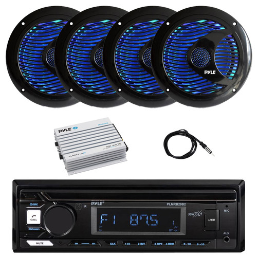 Pyle PLMRB29B2 Single DIN Marine Bluetooth MP3 Player Stereo Receiver, 4x 6.5'' 150 Watt Max Dual Cone Multicolor LED Outdoor Audio Speakers, Bluetooth Amplifier, Antenna