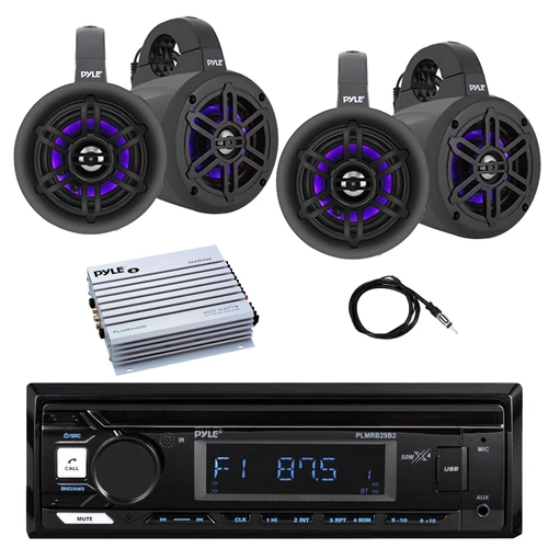 Pyle PLMRB29B2 Single DIN Marine Bluetooth MP3 Player Stereo Receiver, 4x 4" 300W Bluetooth Waterproof Marine Wakeboard LED Tower Speakers, 4-Channel Amplifier, Radio Antenna