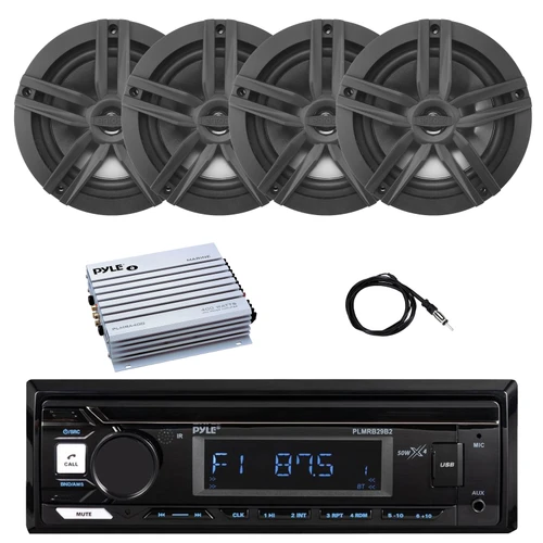 Pyle PLMRB29B2 Single DIN Marine Bluetooth MP3 Player Stereo Receiver, 4x 6.5" 180 Watt Max 2-Way Audio Speakers, 4-Channel Amplifier, Radio Antenna