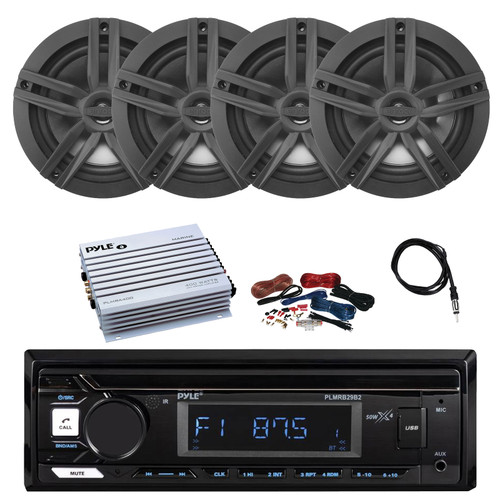 Pyle PLMRB29B2 Single DIN Marine Bluetooth MP3 Player Stereo Receiver, 4x 6.5" 180 Watt Max 2-Way Audio Speakers, Amplifier w/Kit, Radio Antenna