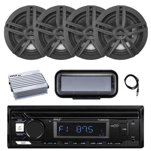 Pyle PLMRB29B2 Single DIN Marine Bluetooth MP3 Player Stereo Receiver, Cover, 4x 6.5" 180 Watt Max 2-Way Audio Speakers, Amplifier, Radio Antenna