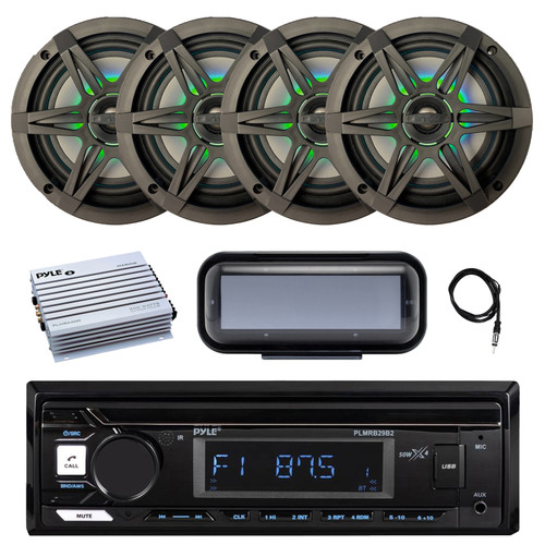 Pyle PLMRB29B2 Single DIN Marine Bluetooth MP3 Player Stereo Receiver, Cover, 4x 6.5" 120 Watt Peak 4-Ohm Marine Multicolor LED Coaxial Speakers with Charcoal Grilles, Amplifier, Radio Antenna