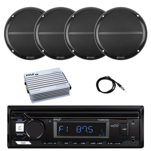 Pyle PLMRB29B2 Single DIN Marine Bluetooth MP3 Player Stereo Receiver, 4x 6.5" 90 Watt Peak Power 2-Way Full Range Audio Speakers, 4-Channel Amplifier, Radio Antenna