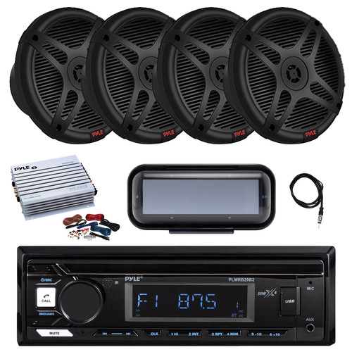 Pyle PLMRB29B2 Single DIN Marine Bluetooth MP3 Player Stereo Receiver, Cover, 4x 6.5" 600 Watt 2-Way Marine Wireless RF Streaming Speakers, Amplifier w/Kit, Radio Antenna