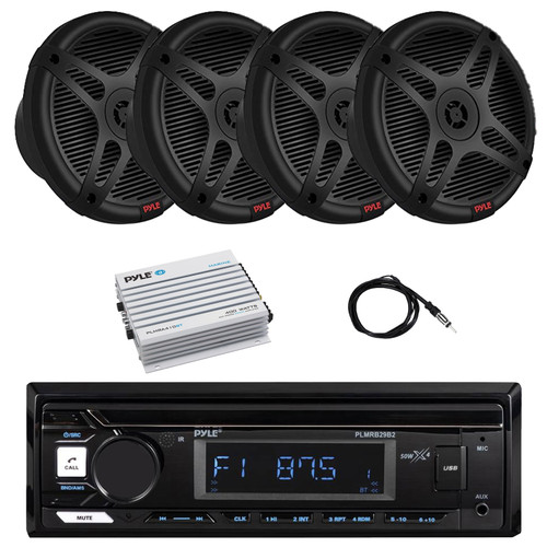 Pyle PLMRB29B2 Single DIN Marine Bluetooth MP3 Player Stereo Receiver, 4x 6.5" 600 Watt 2-Way Marine Wireless RF Streaming Speakers, Bluetooth Amplifier, Antenna