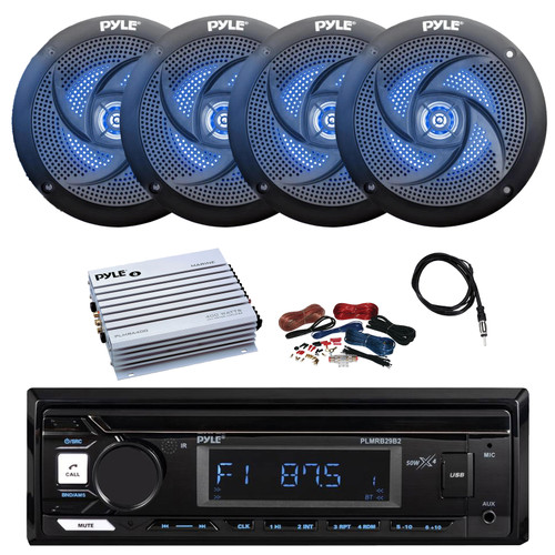 Pyle PLMRB29B2 Single DIN Marine Bluetooth MP3 Player Stereo Receiver, 4x 4" 100 Watt Max 2-Way Low Profile Blue Flashing LED Boat Audio Speakers, Amplifier w/Kit, Radio Antenna