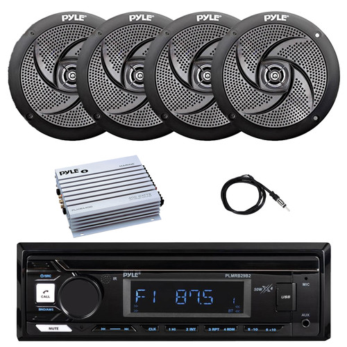 Pyle PLMRB29B2 Single DIN Marine Bluetooth MP3 Player Stereo Receiver, 4x 4" 100 Watt Max Power Low Profile 2-Way Waterproof Outdoor Speakers, 4-Channel Amplifier, Radio Antenna