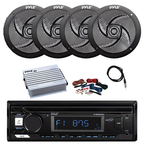 Pyle PLMRB29B2 Single DIN Marine Bluetooth MP3 Player Stereo Receiver, 4x 4" 100 Watt Max Power Low Profile 2-Way Waterproof Outdoor Speakers, Amplifier w/Kit, Radio Antenna