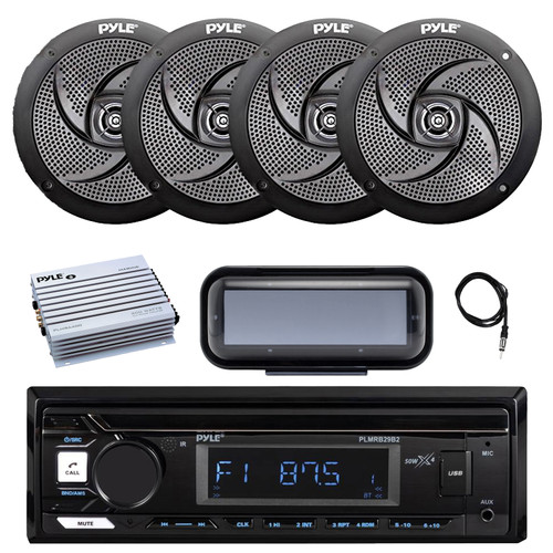 Pyle PLMRB29B2 Single DIN Marine Bluetooth MP3 Player Stereo Receiver, Cover, 4x 4" 100 Watt Max Power Low Profile 2-Way Waterproof Outdoor Speakers, Amplifier, Radio Antenna
