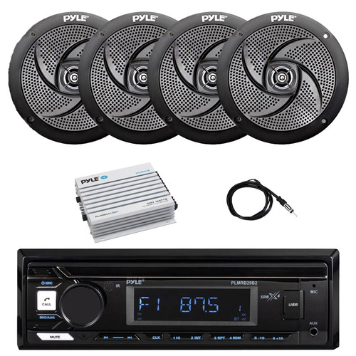 Pyle PLMRB29B2 Single DIN Marine Bluetooth MP3 Player Stereo Receiver, 4x 4" 100 Watt Max Power Low Profile 2-Way Waterproof Outdoor Speakers, Bluetooth Amplifier, Antenna