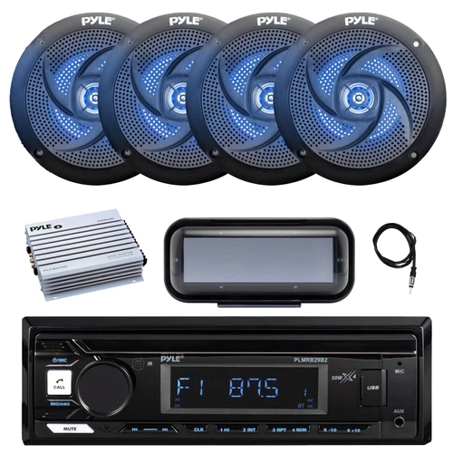 Pyle PLMRB29B2 Single DIN Marine Bluetooth MP3 Player Stereo Receiver, Cover, 4x 5.25" 180 Watt Max 2-Way Low Profile Slim Style Blue Flashing LED Audio Speakers, Amplifier, Radio Antenna