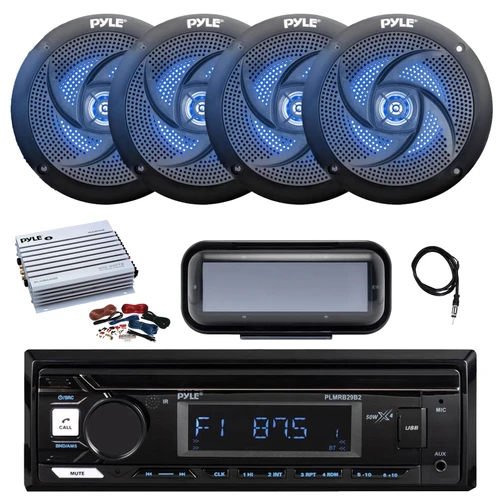 Pyle PLMRB29B2 Single DIN Marine Bluetooth MP3 Player Stereo Receiver, Cover, 4x 5.25" 180 Watt Max 2-Way Low Profile Slim Style Blue Flashing LED Audio Speakers, Amplifier w/Kit, Radio Antenna