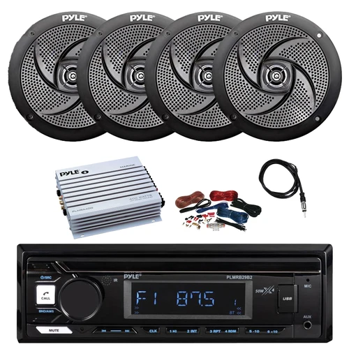 Pyle PLMRB29B2 Single DIN Marine Bluetooth MP3 Player Stereo Receiver, 4x 5.25" 180 Watt Max Power 2-Way Waterproof Low Profile Slim Style Audio Speakers, Amplifier w/Kit, Radio Antenna