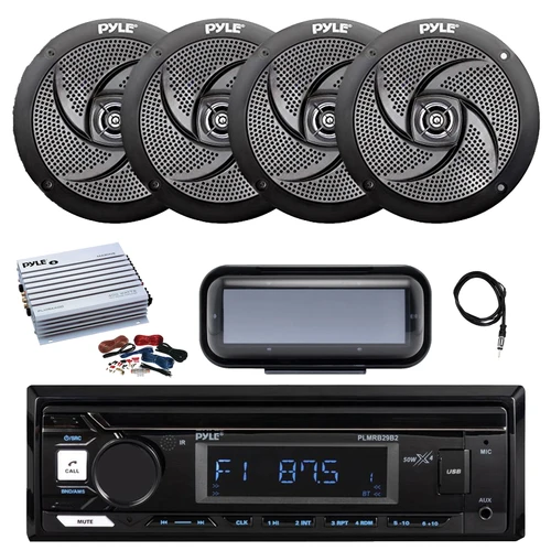Pyle PLMRB29B2 Single DIN Marine Bluetooth MP3 Player Stereo Receiver, Cover, 4x 5.25" 180 Watt Max Power 2-Way Waterproof Low Profile Slim Style Audio Speakers, Amplifier w/Kit, Radio Antenna