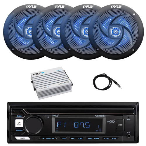 Pyle PLMRB29B2 Single DIN Marine Bluetooth MP3 Player Stereo Receiver, 4x 6'' 240 Watt Max Power Low Profile 2-Way Blue Flashing LED Speakers, Bluetooth Amplifier, Antenna
