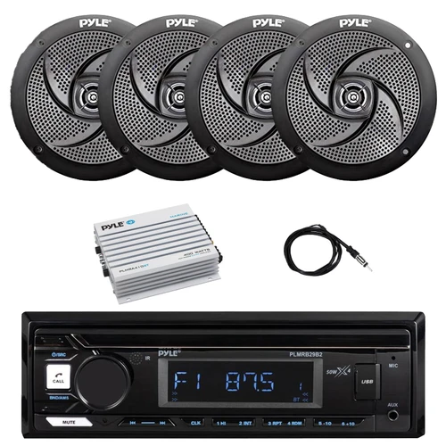 Pyle PLMRB29B2 Single DIN Marine Bluetooth MP3 Player Stereo Receiver, 4x 6'' 240 Watt Max Power Low Profile 2-Way Audio Speakers, Bluetooth Amplifier, Antenna