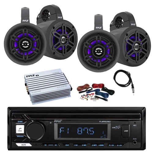 Pyle PLMRB29B2 Single DIN Marine Bluetooth MP3 Player Stereo Receiver, 4x 4" 300W Bluetooth Waterproof Marine Wakeboard LED Tower Speakers, Amplifier w/Kit, Radio Antenna