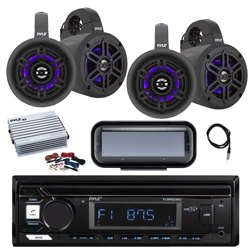 Pyle PLMRB29B2 Single DIN Marine Bluetooth MP3 Player Stereo Receiver, Cover, 4x 4" 300W Bluetooth Waterproof Marine Wakeboard LED Tower Speakers, Amplifier w/Kit, Radio Antenna