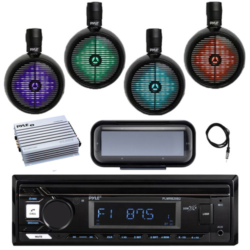 Pyle PLMRB29B2 Single DIN Marine Bluetooth MP3 Player Stereo Receiver, Cover, 4x 8" 480 Watt Full Range MultiColor LED Wakeboard Tower Speakers, Amplifier, Radio Antenna