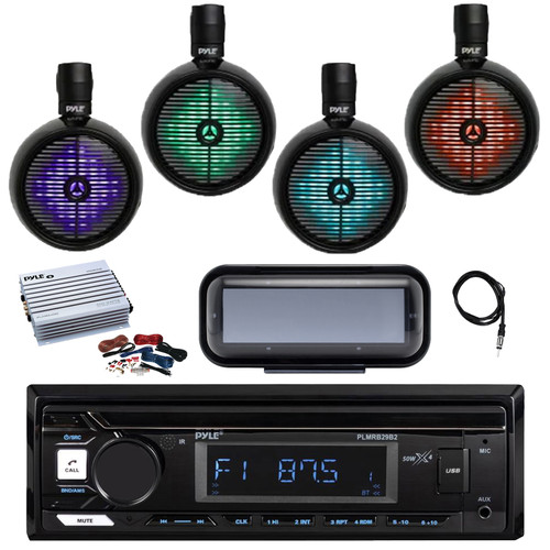 Pyle PLMRB29B2 Single DIN Marine Bluetooth MP3 Player Stereo Receiver, Cover, 4x 8" 480 Watt Full Range MultiColor LED Wakeboard Tower Speakers, Amplifier w/Kit, Radio Antenna