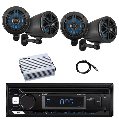 Pyle PLMRB29B2 Single DIN Marine Bluetooth MP3 Player Stereo Receiver, 4x 5.25’’ 180 Watt 2-Way Waterproof Off-Road Speakers, 4-Channel Amplifier, Radio Antenna