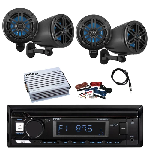 Pyle PLMRB29B2 Single DIN Marine Bluetooth MP3 Player Stereo Receiver, 4x 5.25’’ 180 Watt 2-Way Waterproof Off-Road Speakers, Amplifier w/Kit, Radio Antenna
