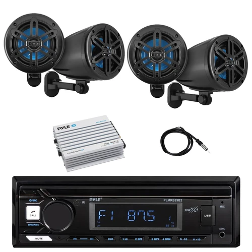 Pyle PLMRB29B2 Single DIN Marine Bluetooth MP3 Player Stereo Receiver, 4x 5.25’’ 180 Watt 2-Way Waterproof Off-Road Speakers, Bluetooth Amplifier, Antenna