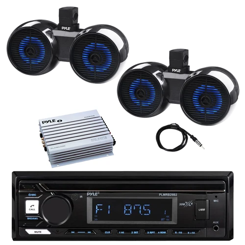 Pyle PLMRB29B2 Single DIN Marine Bluetooth MP3 Player Stereo Receiver, 2x 6.5" 200 Watt 2-Way Bluetooth Built in LED Off-Road Dual Tower Speakers, 4-Channel Amplifier, Radio Antenna