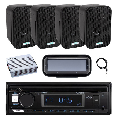 Pyle PLMRB29B2 Single DIN Marine Bluetooth MP3 Player Stereo Receiver, Cover, 4x 3.5" 300 Watt Max Power Indoor/Outdoor Waterproof Speakers, Amplifier, Radio Antenna