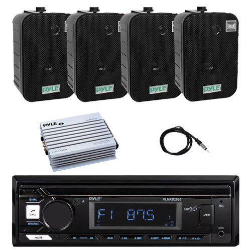 Pyle PLMRB29B2 Single DIN Marine Bluetooth MP3 Player Stereo Receiver, 4x 5.25" 300 Watt Max Power Indoor/Outdoor Waterproof Speakers, 4-Channel Amplifier, Radio Antenna