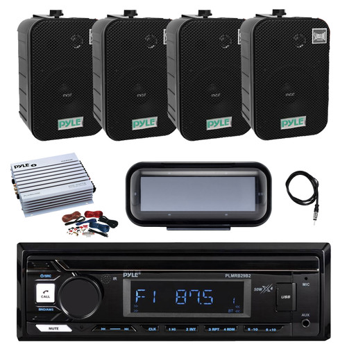 Pyle PLMRB29B2 Single DIN Marine Bluetooth MP3 Player Stereo Receiver, Cover, 4x 5.25" 300 Watt Max Power Indoor/Outdoor Waterproof Speakers, Amplifier w/Kit, Radio Antenna