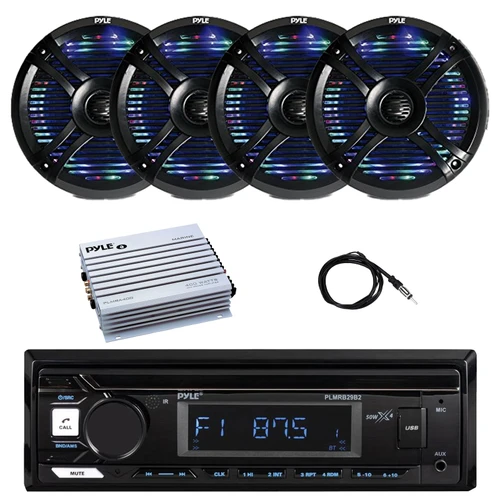 Pyle PLMRB29B2 Single DIN Marine Bluetooth MP3 Player Stereo Receiver, 4x 6.5" 250 Watt Max Multi-Color LED Waterproof Speakers, 4-Channel Amplifier, Radio Antenna