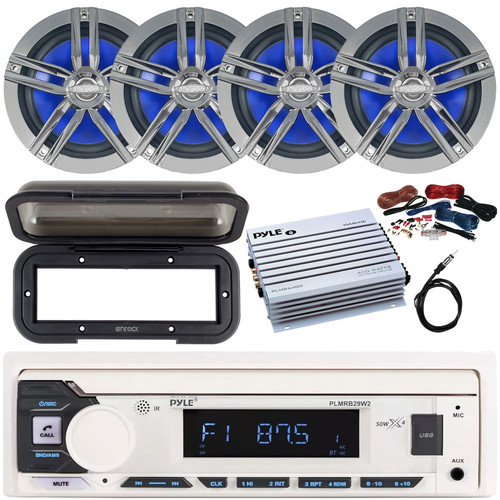 Pyle PLMRB29W2 Single DIN Marine Bluetooth USB/AUX MP3 Player AM/FM Radio In-Dash Stereo White Receiver w/Black Cover, 4x 6.5" 180W Max 2-Way Charcoal Speakers, 4 Channel Amplifier w/Kit, Antenna