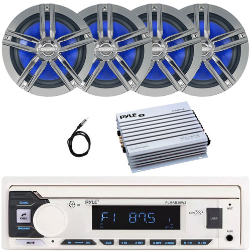 Pyle PLMRB29W2 Single DIN Marine Bluetooth USB/AUX MP3 Player AM/FM Radio In-Dash Stereo White Receiver, 4x 6.5" 180W Max 2-Way High-Performance Boat Charcoal Speakers, 4 Channel Amplifier, Antenna
