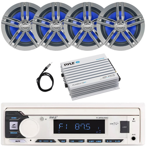 Pyle PLMRB29W2 Single DIN Marine Bluetooth USB/AUX MP3 Player AM/FM Radio In-Dash Stereo White Receiver, 4x 6.5" 180 Watt Max Power 2-Way Boat Charcoal Speakers, 4 Channel Bluetooth Amplifier, Antenna