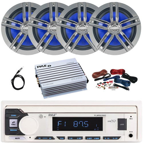 Pyle PLMRB29W2 Single DIN Marine Bluetooth USB/AUX MP3 Player AM/FM Radio In-Dash Stereo White Receiver, 4x 6.5" 180W Max 2-Way High-Performance Charcoal Speakers, 4 Channel Amplifier w/Kit, Antenna