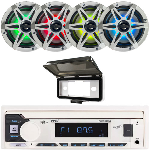 Pyle PLMRB29W2 Single DIN Marine Bluetooth USB/AUX MP3 Player AM/FM Radio In-Dash Stereo White Receiver w/White Cover, 4x 6.5" 120 Watt Max Power 4-Ohm RGB LED Coaxial Speakers with White Grilles