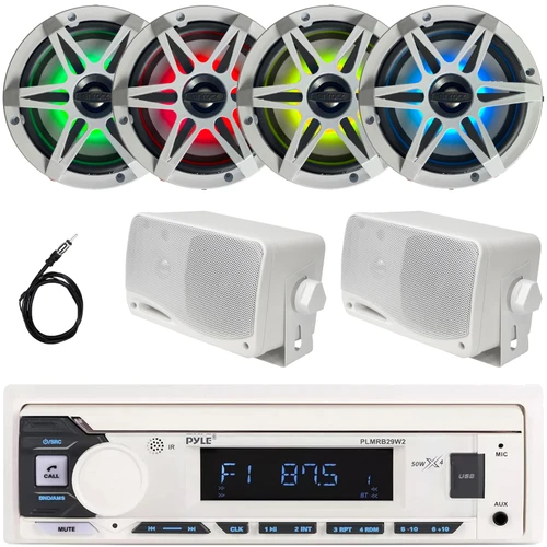 Pyle PLMRB29W2 Single DIN Marine Bluetooth USB/AUX MP3 Player AM/FM Radio In-Dash Stereo White Receiver, 2x 6.5" 120W Max RGB LED Speakers w/Grilles, 2x 3.5'' 200W Max 3-Way Mini Box Speakers, Antenna