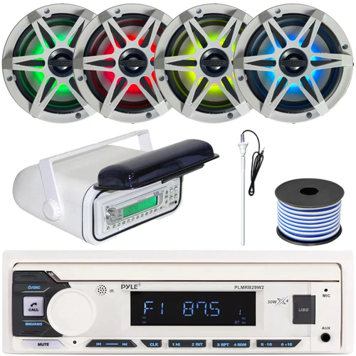 Pyle PLMRB29W2 Single DIN Marine Bluetooth USB/AUX MP3 Player AM/FM Radio In-Dash Stereo White Receiver w/White Cover, 4x 6.5" 120W Max RGB LED Speakers w/White Grilles, Radio Antenna, Speaker Wire