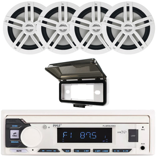 Pyle PLMRB29W2 Single DIN Marine Bluetooth USB/AUX MP3 Player AM/FM Radio In-Dash Stereo White Receiver w/White Cover, 4x Enrock EM265W 6.5" 180 Watt Max Power 2-Way Boat Audio White Speakers